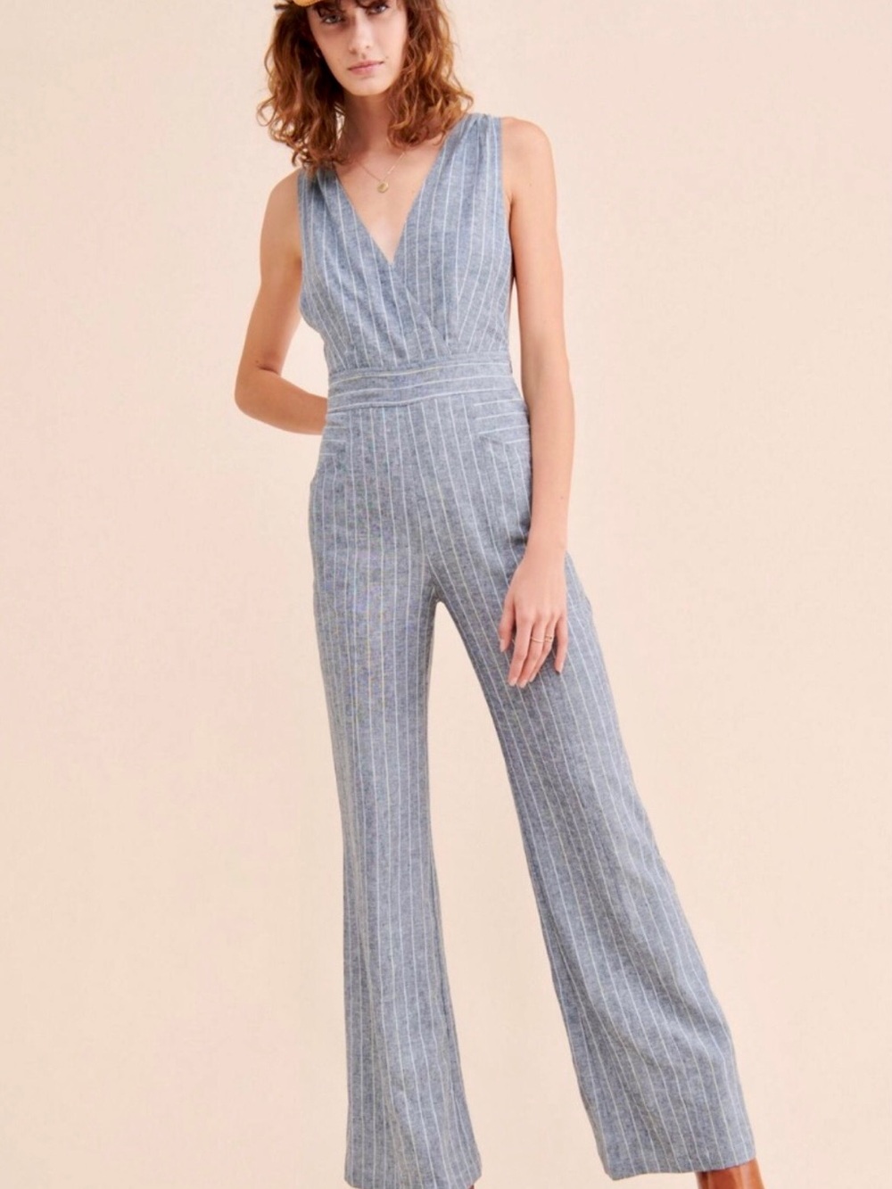 Current/Air Blue Pinstripe V-Neck Wide-Leg Jumpsuit